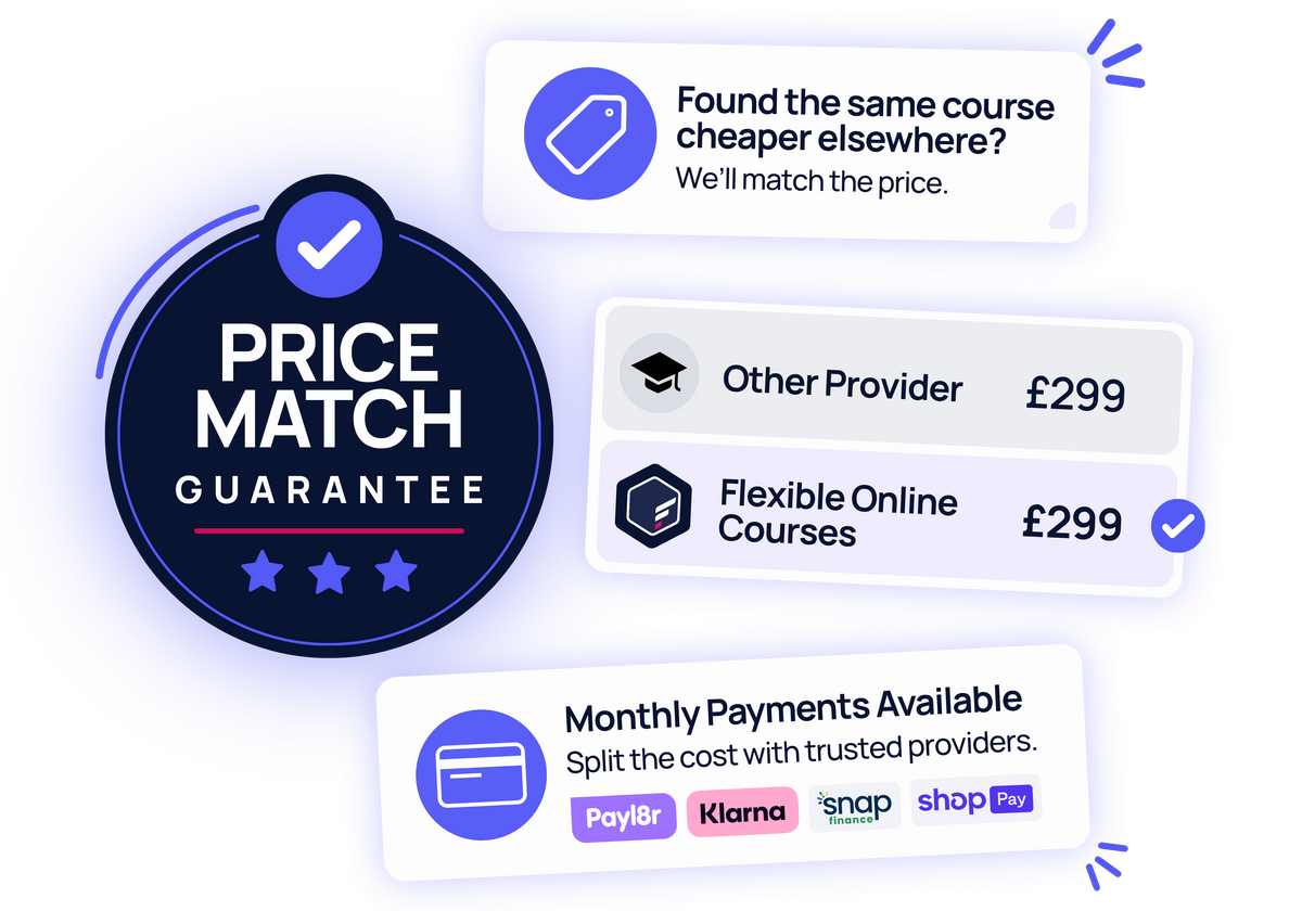 Price match guarantee comparing course prices and highlighting flexible monthly payment options.